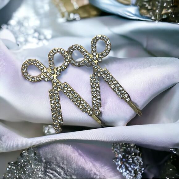 Set l Rhinestone on Golden Barrette, Hair Clips l Scissor Decor l 2 1/4” l New - Picture 1 of 9